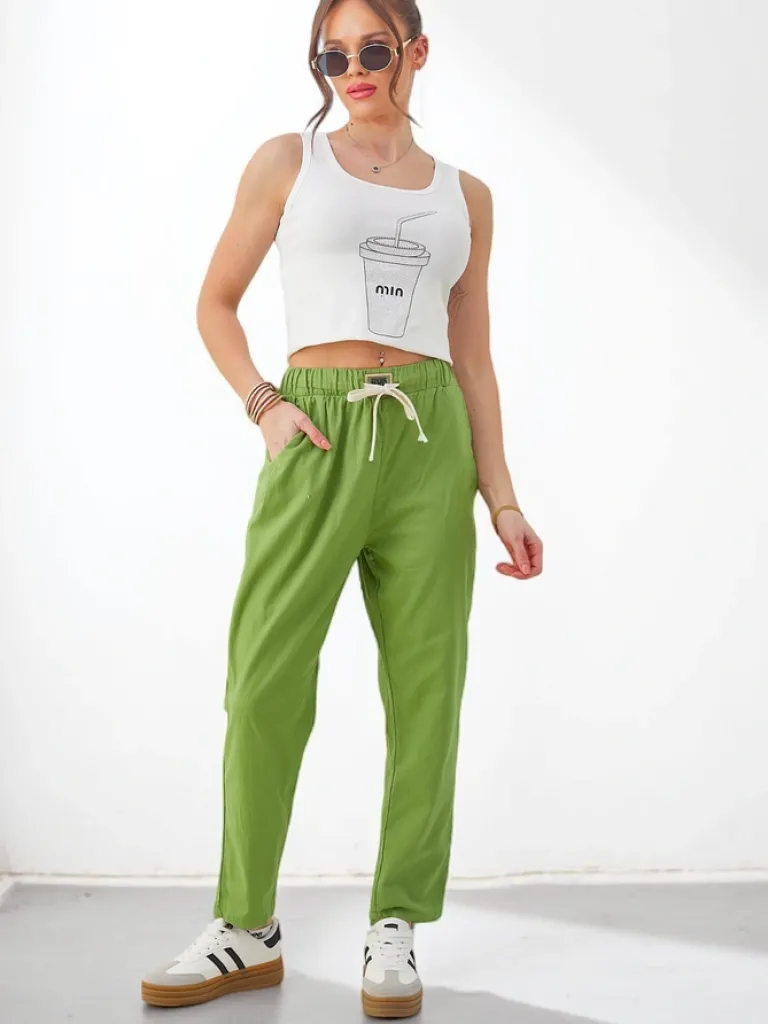 Bawełniane proste spodnie damskie z wiązaniem w pasie Spodnie Materiałowe