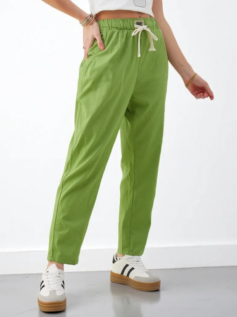 Bawełniane proste spodnie damskie z wiązaniem w pasie Spodnie Materiałowe