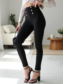 Best Bawełniane spodnie typu tregginsy damskie z ozdobnymi guzikami Spodnie Materiałowe|Legginsy / Tregginsy