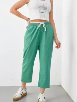 Best Bawełniane szerokie spodnie damskie z wiązaniem Spodnie Materiałowe