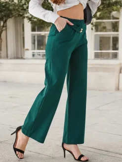 Bawełniane szerokie spodnie damskie ze zdobieniem a'la pasek Spodnie Materiałowe