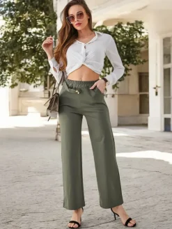 Sale Bawełniane szerokie spodnie damskie ze zdobieniem a'la pasek Spodnie Materiałowe