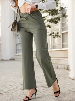 Sale Bawełniane szerokie spodnie damskie ze zdobieniem a'la pasek Spodnie Materiałowe