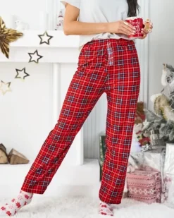 Discount Bawełniane świąteczne spodnie damskie od piżamy w kratę Spodnie Materiałowe|Piżamy