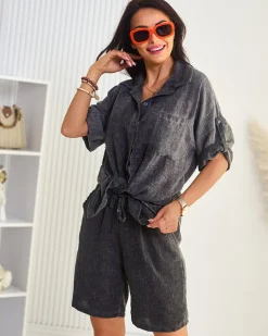 Best Bawełniano- lniany damski koszulowy komplet Damskie Komplety Damskie