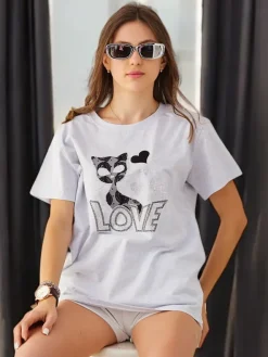 Bawełniany damski t-shirt Cat Love Bluzki / Koszule / Koszulki