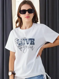 Sale Bawełniany damski t-shirt LOVE z cyrkoniami Bluzki / Koszule / Koszulki