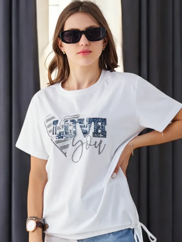 Sale Bawełniany damski t-shirt LOVE z cyrkoniami Bluzki / Koszule / Koszulki