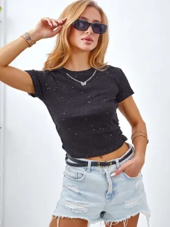 New Bawełniany damski t-shirt z marszczeniami po bokach, łańcuszkiem i brokatem Bluzki / Koszule / Koszulki