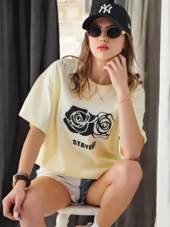 Online Bawełniany damski t-shirt Rose Flower Bluzki / Koszule / Koszulki