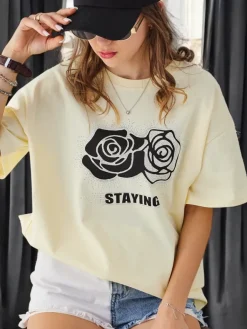Online Bawełniany damski t-shirt Rose Flower Bluzki / Koszule / Koszulki