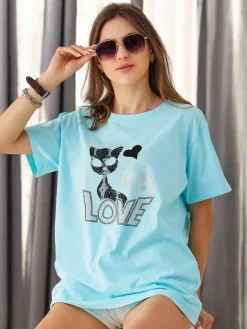 New Bawełniany damski t-shirt Cat Love Bluzki / Koszule / Koszulki