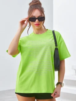 Bawełniany damski t-shirt z napisami z cyrkonii Bluzki / Koszule / Koszulki