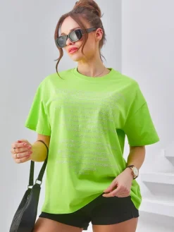 Bawełniany damski t-shirt z napisami z cyrkonii Bluzki / Koszule / Koszulki