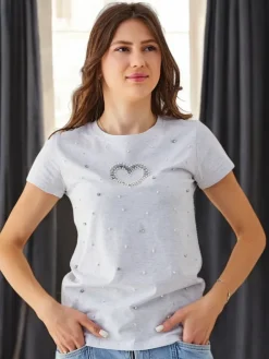 Discount Bawełniany damski t-shirt z perełkowym serduszkiem Bluzki / Koszule / Koszulki