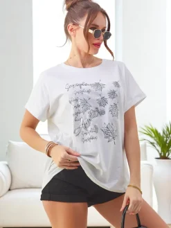 Discount Bawełniany damski t-shirt z nadrukiem z listkami Bluzki / Koszule / Koszulki