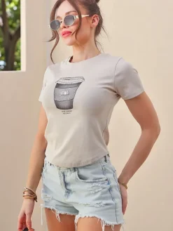 Discount Bawełniany damski t-shirt z nadrukiem z cyrkonii Bluzki / Koszule / Koszulki