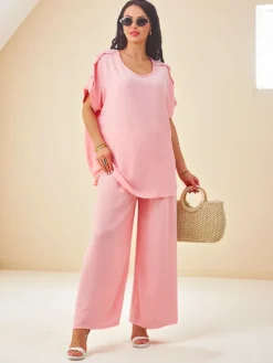 Discount Bawełniany damski komplet z krótkim rękawem i poszerzanymi spodniami Damskie Komplety Damskie