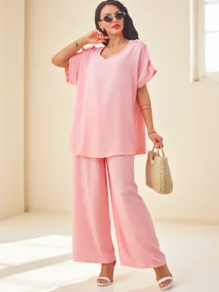 Discount Bawełniany damski komplet z krótkim rękawem i poszerzanymi spodniami Damskie Komplety Damskie