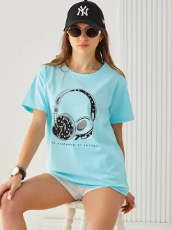 New Bawełniany damski t-shirt z printem Bluzki / Koszule / Koszulki