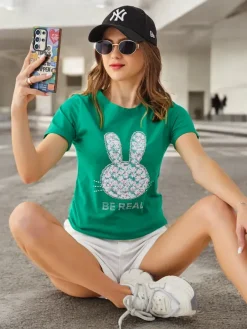 New Bawełniany damski t-shirt Bunny Say Be Real Bluzki / Koszule / Koszulki