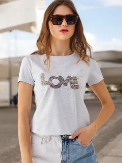 Bawełniany damski t-shirt LOVE z cyrkoniami Bluzki / Koszule / Koszulki