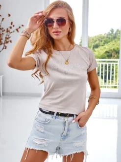 Sale Bawełniany damski t-shirt z cyrkoniami i napisem Bluzki / Koszule / Koszulki