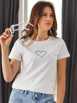 Best Bawełniany damski t-shirt z perełkowym serduszkiem Bluzki / Koszule / Koszulki