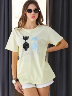 Best Bawełniany damski t-shirt z kotkami Bluzki / Koszule / Koszulki