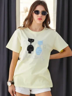 Best Bawełniany damski t-shirt z kotkami Bluzki / Koszule / Koszulki