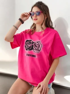 Hot Bawełniany damski t-shirt Rose Flower Bluzki / Koszule / Koszulki