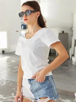 Bawełniany damski t-shirt z koronką na plecach Bluzki / Koszule / Koszulki