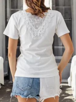 Bawełniany damski t-shirt z koronką na plecach Bluzki / Koszule / Koszulki