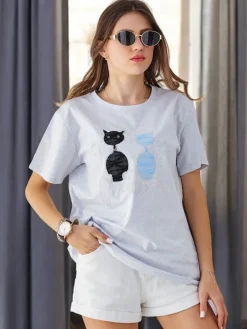 Discount Bawełniany damski t-shirt z kotkami Bluzki / Koszule / Koszulki