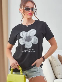 Online Bawełniany damski t-shirt z kwiatuszkiem Bluzki / Koszule / Koszulki