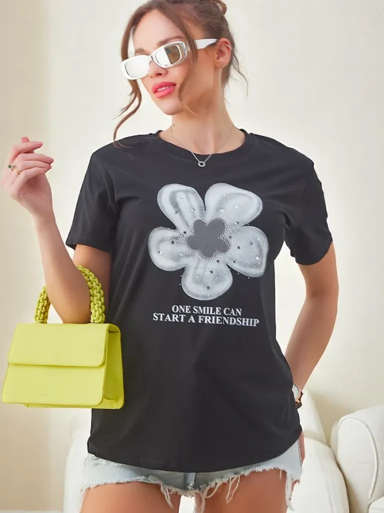 Online Bawełniany damski t-shirt z kwiatuszkiem Bluzki / Koszule / Koszulki