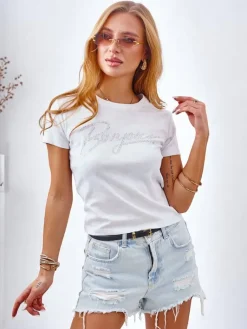 Clearance Bawełniany damski t-shirt z cyrkoniami i napisem Bluzki / Koszule / Koszulki