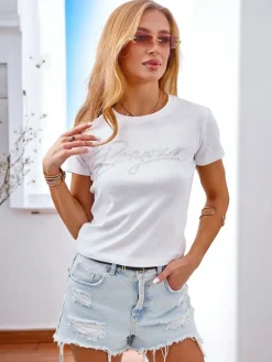 Clearance Bawełniany damski t-shirt z cyrkoniami i napisem Bluzki / Koszule / Koszulki