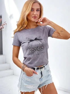 Sale Bawełniany damski t-shirt z cyrkoniami i kokardką Bluzki / Koszule / Koszulki