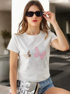 Clearance Bawełniany damski t-shirt Butterfly Bluzki / Koszule / Koszulki