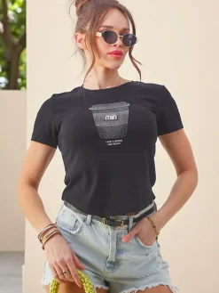 Discount Bawełniany damski t-shirt z nadrukiem z cyrkonii Bluzki / Koszule / Koszulki