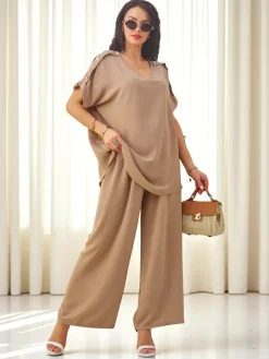 Best Bawełniany damski komplet z krótkim rękawem i poszerzanymi spodniami Damskie Komplety Damskie