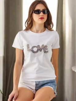 Bawełniany damski t-shirt LOVE z cyrkoniami Bluzki / Koszule / Koszulki