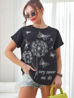 Discount Bawełniany damski t-shirt z dmuchawcami i motylkiem Bluzki / Koszule / Koszulki