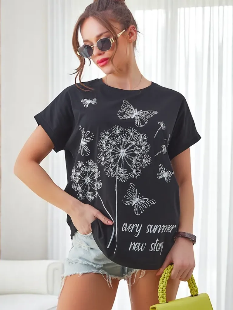 Discount Bawełniany damski t-shirt z dmuchawcami i motylkiem Bluzki / Koszule / Koszulki