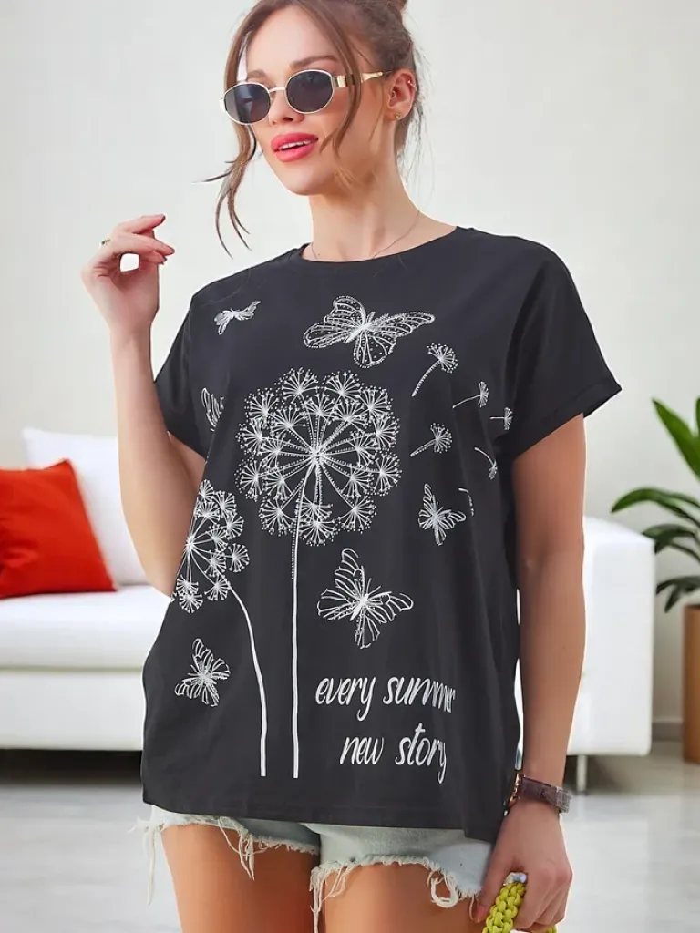 Discount Bawełniany damski t-shirt z dmuchawcami i motylkiem Bluzki / Koszule / Koszulki