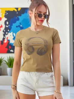 Best Bawełniany damski t-shirt z nadrukiem Music Speaking Bluzki / Koszule / Koszulki