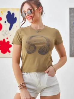 Best Bawełniany damski t-shirt z nadrukiem Music Speaking Bluzki / Koszule / Koszulki