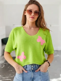 Best Bawełniany damski krótki sweter w motylki Swetry