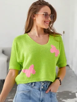 Best Bawełniany damski krótki sweter w motylki Swetry